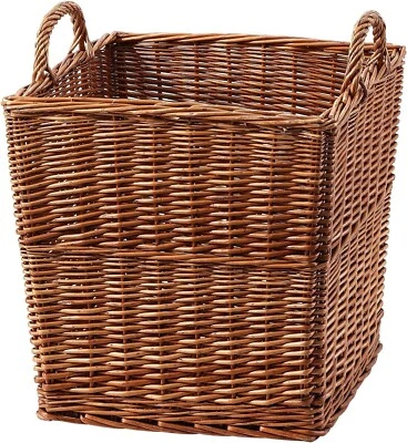 BH Deep Cube Natural Wicker Basket With Handles Home Storage Fireside Log Basket - Image 1 of 4