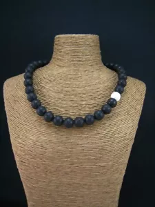 8 mm Schwarz Lavagestein & Perle Glatt Rund Edelstein Perlen Herren Damen Halskette 18 Zoll - Bild 1 von 12