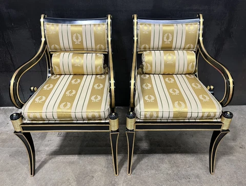 Pair Vtg. Regency Saber Leg Armchairs; Ebonized Parcel Gilt Trim (Baker Karges) Cover