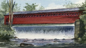 Puente cubierto Paper Mill Village, Bennington Falls, VT. Impresiones artísticas en acuarela - Imagen 1 de 1