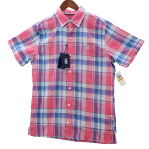 Izod Shirt Men's XL Pink & Blue Madras Plaid Linen Blend Lightweight Preppy - Picture 1 of 7