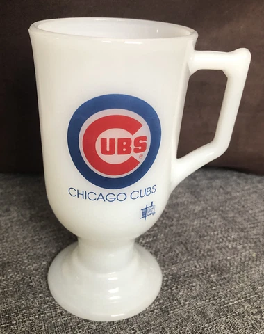 Vintage CHICAGO CUBS White Milk Glass Irish Coffee Footed IHOP Mug Baseball Cup Cover
