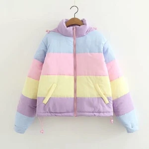 Lady Girl Puffer Coat Jacket Rainbow Striped Hooded Padded Winter Outerwear Warm - Picture 1 of 10