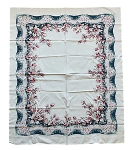 Vintage California Handdruck Viskose Tischdecke 52x63 Blumen Burgund Türkis Rechteck - Bild 1 von 13