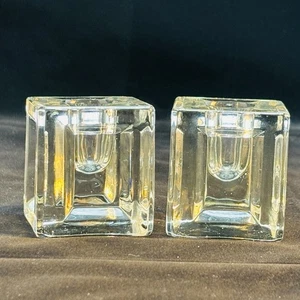 Vintage Cube Clear Crystal Glass Square Candle Holders Set of 2 - Picture 1 of 5