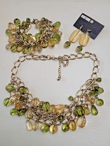 CHICO'S 3 PC SET-NECKLACE BRACELET EARRINGS-GLASS BEADS-GOLDTONE-FALL COLORS - Picture 1 of 11