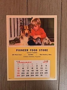 Vntg 1975 Pioneer Food Store West Roxbury Mass Calendar Collie Dog Small Boy Nos - Picture 1 of 6