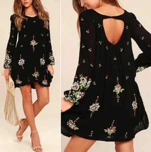 Free People oxford black embroidered swing dress Medium Boho Festival - Picture 1 of 5
