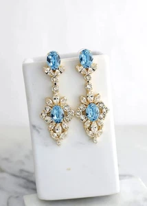 2Ct Oval Cut Simulated Blue Topaz Dangle/Drop Earrings In 14K Yellow Gold Plated - Picture 1 of 5