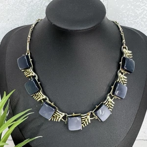 VTG 50’s Coro Blue Gray Thermoset Moon Glow Square Gold Tone Necklace - Picture 1 of 14