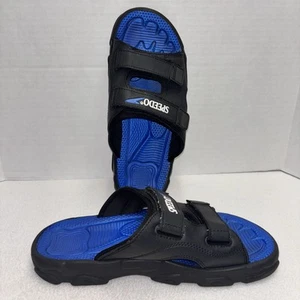 Size L Speedo Mens Slides Sandals Black Blue Secure Double Strap Hook Loop - Picture 1 of 7