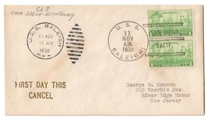 USS RALEIGH (CL-7) Light Cruiser • 1938 FIRST DAY Naval Cover SAN DIEGO CALIF 3 - Picture 1 of 1