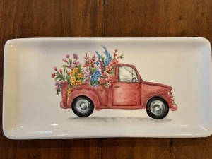 Maxcera Spring 10 1/2” Ceramic tray Antique truck & flowers NEW Watercolor - Picture 1 of 2