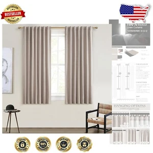 100% Blackout Linen Kitchen Curtains 50" W x 45" L - Rustic Farmhouse Style - Picture 1 of 9