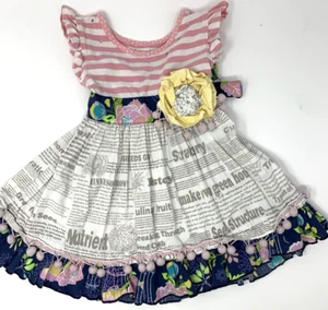 Mustard Pie Baby Girls 12 Month Pink Striped and Garden Newsprint Ruffle Dress - Picture 1 of 8