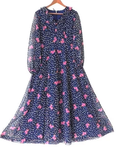 Vtg Chiffon Maxi Dress Fit-Flared Long Sleeve Ruffle Neck Floral Back Zip Size M - Picture 1 of 10