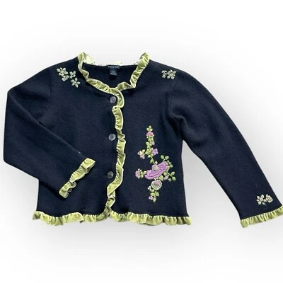 Tally Ho Women’s 1X Wool Cardigan Sweater Floral Velvet Ruffle Trim Cottagecore - Image 1 of 4