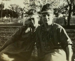 Two Women With Headbands And Beads B&W Photograph 2.25 x 3.25 - Picture 1 of 3