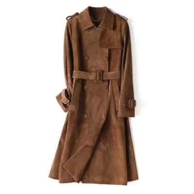 Premium Women's Leather Trench Coat Brown Suede Leather Coat - Image 1 of 4