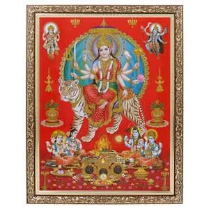 Marco de Obras de Arte Durga Dorado Zari Foto en Cobre Oro Grande (14 X 18 Pulgadas) - Imagen 1 de 3