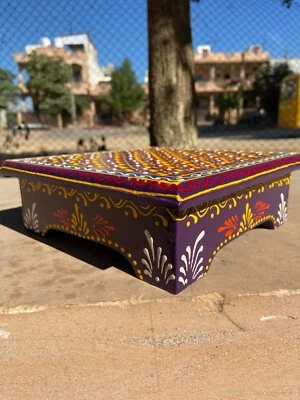 Rajasthani Chowki Table Handmade Wooden Colorful Stool Embossed Painted Bajot - Image 1 of 4