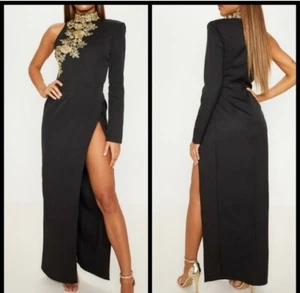 PRETTY LITTLE THING Glam cocktail dress.Black High Neck Asymmetric Embroidered - Picture 1 of 12