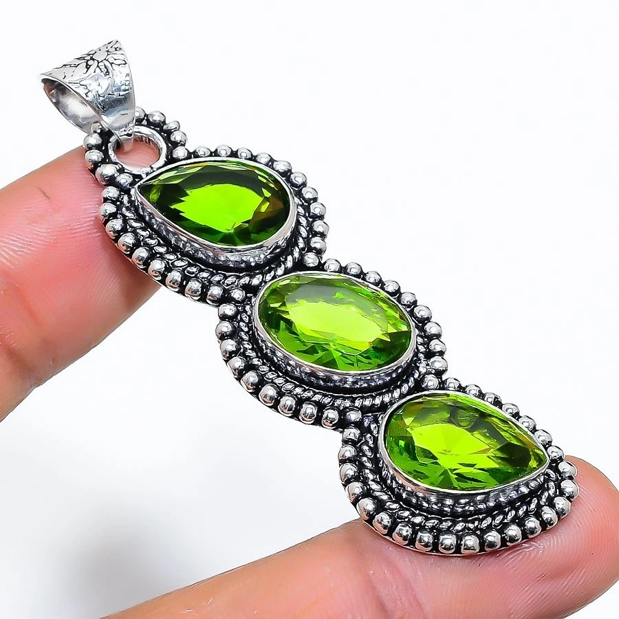 Green Peridot Gemstone Handmade 925 Sterling silver Jewelry Pendant Size 2.5" - Image 1 of 1