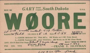 amateur ham radio QSL postcard W0ORE Frank E Huffman 1954 Gary South Dakota - Bild 1 von 1