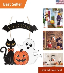 "Guirnalda de Halloween de madera hecha a mano con diseño de fantasma, gato y calabaza - 10x9""" - Imagen 1 de 9