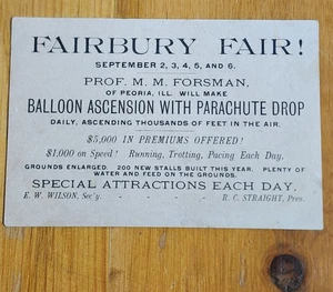 EARLY 1900s FAIRBURY FAIR ADVERTISING CARD BALLOON DROP HORSE RACING ILLINOIS - Picture 1 of 2