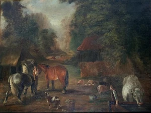 NATHANIEL EVERET PINTURA VERDE ANIMALES PERSONAS GRANJA FIRMADA INGLÉS SIGLO XIX - Imagen 1 de 4