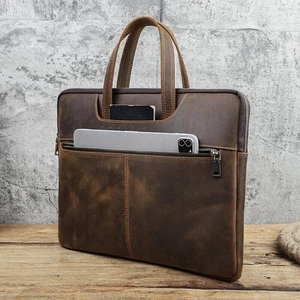 Retro Crazy Horse Leather Men's Laptop Bag Hand Bag Gift For 15'' Laptop Book - Zdjęcie 1 z 12