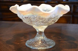 Vintage Fenton Clear Milk Glass Compote Glassware Opalescent Candy Dish Ruffled - Picture 1 of 7