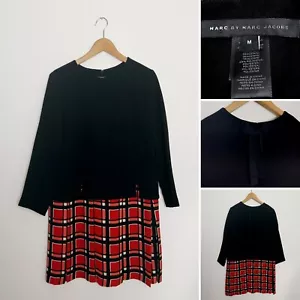 Marc by Marc Jacobs Womens Plaid Pleated Drop Waist Dress Red Black Size Medium - Picture 1 of 10