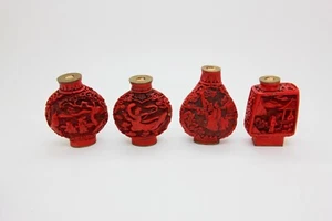 Lot of 4 Chinese Carved red Cinnabar Lacquered Snuff  Bottles Perfume No Lid - Picture 1 of 17