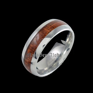 Hawaiian Koa Wood Stainless Steel Dark Koa Wood Hawaiian Wedding Band Ring - Picture 1 of 9