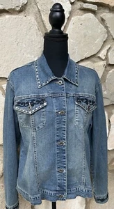 Denim Jacket Monroe & Main Large Blue Embroidered Silver Tone Stud Accents EC - Picture 1 of 14