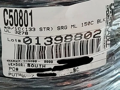 Cable de plomo trenzado de alta temperatura Southwire #8awg SRG ML SEWF-2 600 V/150 C negro/10 pies Foto 1 de 4