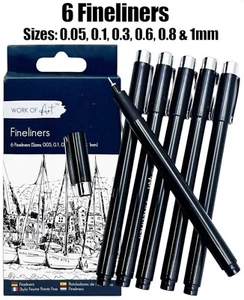 6 Black Fineliners Pens Fine Line Pen Fine Liner Drawing Black Pigment Ink Set - Picture 1 of 9