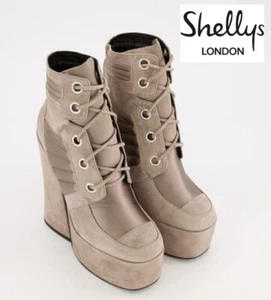 SHELLYS LONDON Women's Fifi Taupe Grey Leather Suede&other Platform Heeled Boots - Picture 1 of 12