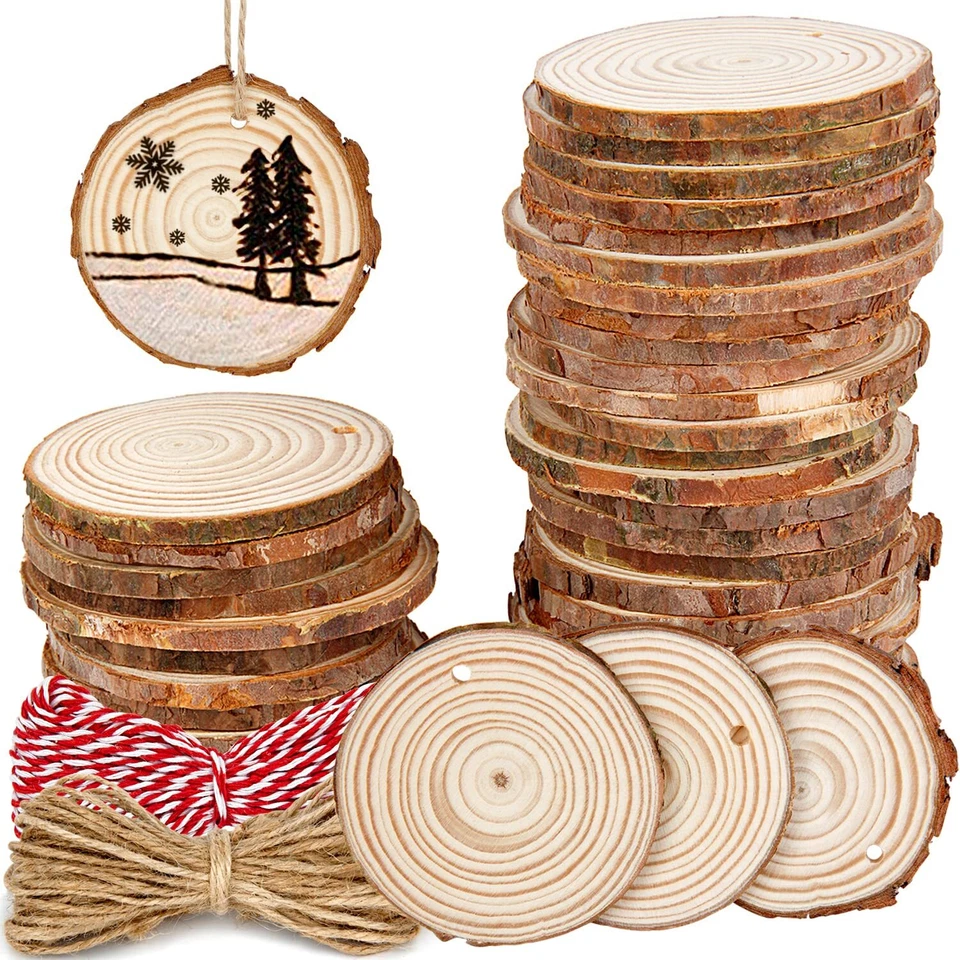 50pcs Natural Wood Slices Craft Kit Unfinished Wooden Circles 2.4-2.8 Inches