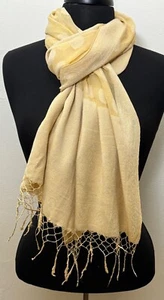 Long Gold Semi-Sheer Silk Shawl Scarf Polka Dots A445 - Picture 1 of 6