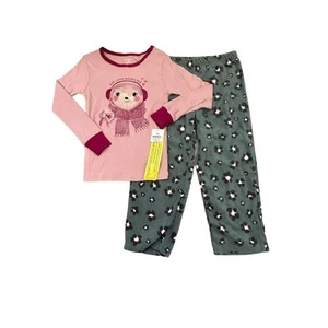 Carter's Girls' 2-Piece Pajamas Size 5 Pink Bear Top & Green Printed Pants - Picture 1 of 10