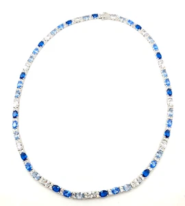 GLD Blue Mixed Oval Cut Tennis Chain - 5mm - 20 inches 14k White Gold Plated - Picture 1 of 4