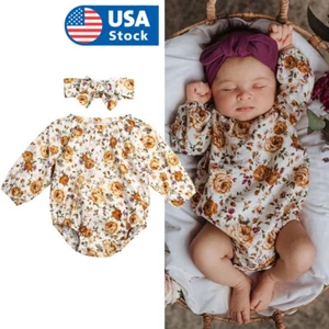 2Pcs Newborn Baby Girl Floral Romper Jumpsuit + Headband set Toddler Outfits - Picture 1 of 8