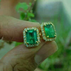 3.50Ct Emerald Cut Natural Emerald Halo Stud Earrings 14K Yellow Gold Plated - Picture 1 of 6