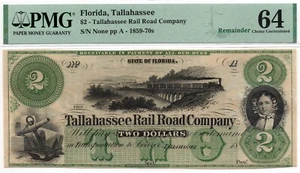 1859-70s $2 Tallahassee Railroad Company, Florida Obsolete - PMG 64! Selten Unc. - Bild 1 von 4