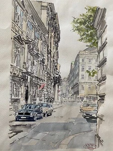 ::AQUARELL Herrengasse mit Blick über Freyung in die Schottengasse Wien antik - Picture 1 of 5