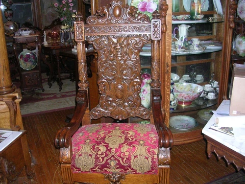 rj horner antique quartersawn oak throne chair fierce griffins, detailed carving Cover