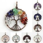 Natural Gemstones Amethyst Peridot Chips Tree of Life Copper Round Pendant 40mm
